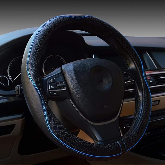 Steering Wheel Covers Universal 15 inch - Genuine Leather, Breathable, Anti Slip & Odor Free (Black with Blue Lines, M(14" 1/2-15" 1/4))