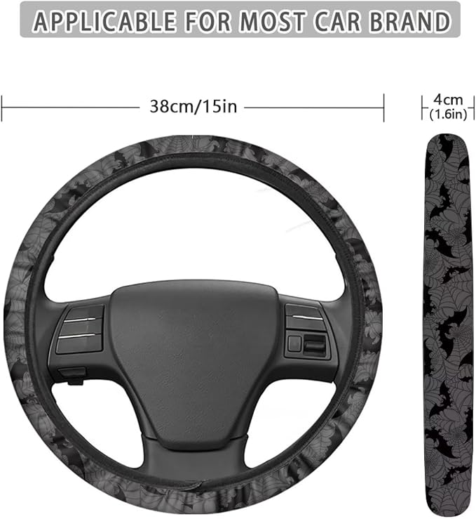Bat Spider Web Gray Car Steering Wheel Cover for Women Men, 15 Inch Soft Neoprene Stretchy Anti-Slip Washable Halloween Car Accessories Universal Fit for Sedans SUV