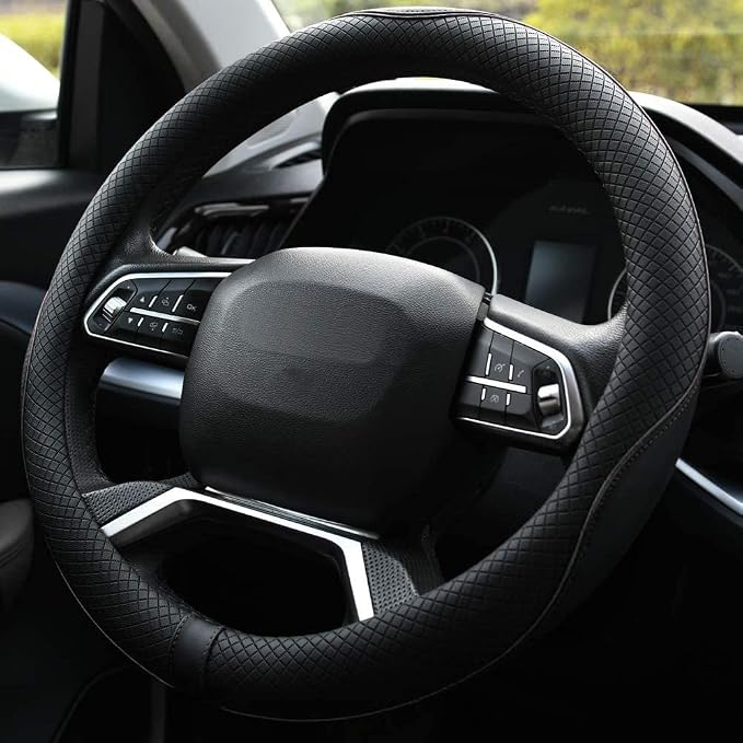 Microfiber Leather Steering Wheel Cover Anti-Slip Matte Finish Auto Car Wheel Cover Universal 15 Inch Wheel Cover for Car Embossing Pattern Black Line