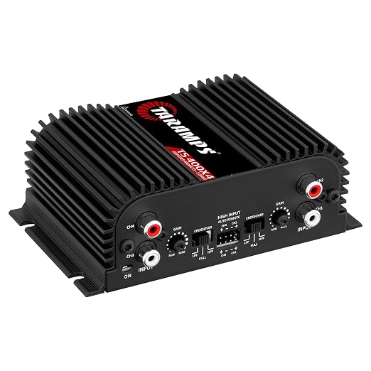 TS 400x4 2 Ohms Black Multichannel Stereo Amplifier 400 Watts Rms, 4 Channels, Full Range, Car Audio Digital 2 Bridged Channel, Crossover High/Low Pass, with RCA and Automatic High Level Input