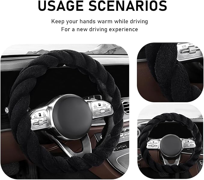 Fluffy Car Steering Wheel Cover, 15 Inches Anti-Slip Round Fuzzy Winter Steering Wheel Protector, Soft Warm Plush Steering Wheel Cover for Women Girls, Car Accessories (Black, D-Shaped)