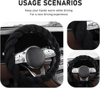 Fluffy Car Steering Wheel Cover, 15 Inches Anti-Slip Round Fuzzy Winter Steering Wheel Protector, Soft Warm Plush Steering Wheel Cover for Women Girls, Car Accessories (Black, D-Shaped)