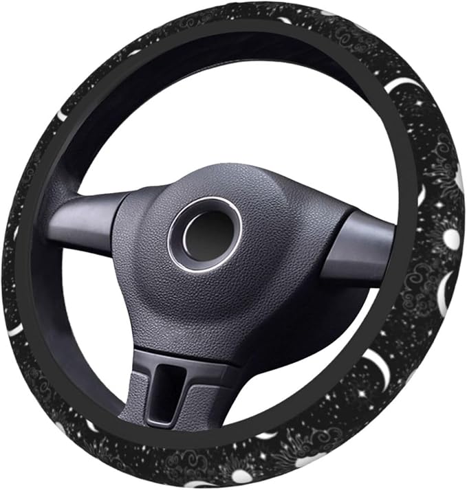 Black White Sun Crescent Stars On A Blue Mystical Ornament Steering Wheel Cover Car Accessories Cute for Women Girls Girly Universal 15 Inch Neoprene Auto Interior Decor Anti Slip Car Truck Protector