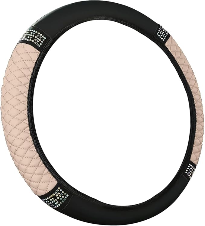 Bling Car Steering Wheel Cover, 15 Inch Rhinestones Soft Leather Elastic Steering Wheel Protector, Sparkly Crystal Diamond for Women, Car Interior Accessories for Most Cars (Beige)