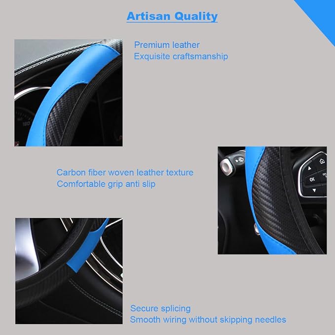 Ultra Fine Carbon Fiber Leather Steering Wheel Cover, Anti Slip and Sun Protective Protect The Steering Wheel, Easy to Install,Universal of 14.5"-15" (Blue)