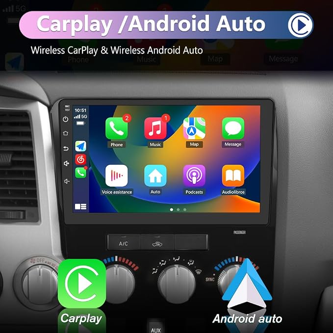 Car Radio for Toyota Tundra 2007-2013 & Sequoia 2008-2018 Android 13 Car Stereo with 10.1 Inch Touch Screen Wireless CarPlay & Android Auto Bluetooth WiFi AM/FM Radio