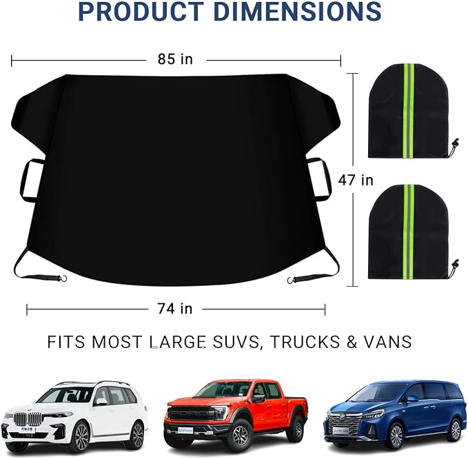 Windshield Cover for Ice and Snow, Car Windshield Snow Cover, Thicken Windshield Frost Cover Waterproof Windshield Snow Ice Cover with Large Mirrors Cover for Most SUVs Trucks (74"x 47")
