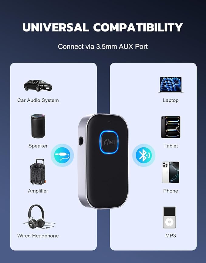 Bluetooth Receiver for Car, Noise Cancelling 3.5mm AUX Bluetooth Car Adapter, Wireless Audio Receiver for Home Stereo/Wired Headphones, Hands-Free Call, 16H Battery Life - Black+Silver