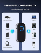Bluetooth Receiver for Car, Noise Cancelling 3.5mm AUX Bluetooth Car Adapter, Wireless Audio Receiver for Home Stereo/Wired Headphones, Hands-Free Call, 16H Battery Life - Black+Silver