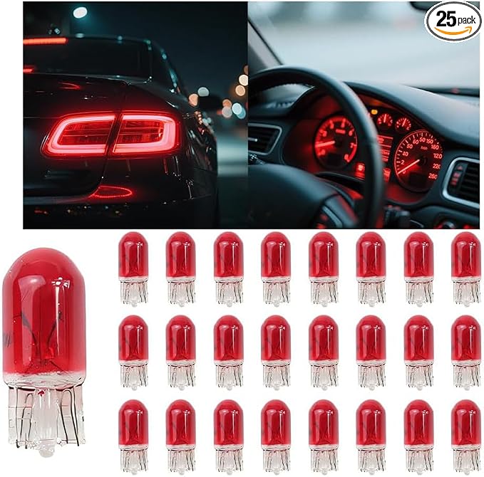 25PCS T10 12V 5W Car Turn Signal Light Bulbs, Clear Flat Foot Vehicle Side Marker Lamp Bulbs, Auto Interior Amber Headlight Bulbs Accessories, Universal for SUV, Sedan, Truck (Red)