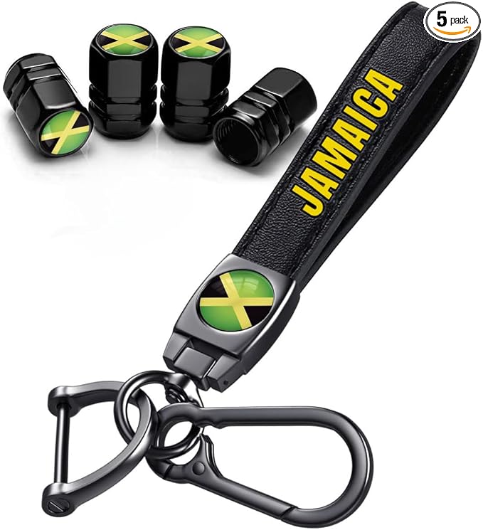 Jamaica Flag Tire Valve Stem Caps and Genuine Leather Car Keychain Keyring Compatible with Jamaican Flag Accessories (Jamaica)