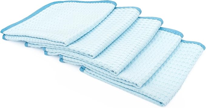 Dry Me A River, Professional Korean 70/30 Blend Microfiber Waffle-Weave Drying & Detailing Towels, Soft Suede Edges, 390 GSM, 16x16 Inches, Light Blue, 5-Pack