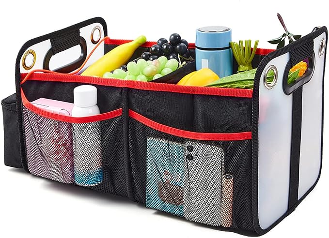 Car Trunk Organizer, Collapsible Back Seat Storage with Insulated Drinks Holder, Water Resistant Backseat Organizer for Diapers, Toys, Snacks, Books & More