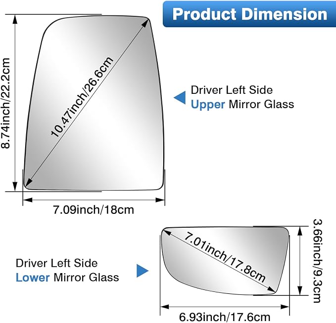 Driver Left Side Upper & Lower Rearview Convex Heated Mirror Glass Replacement With Rear Holder fit Ford Transit 150 250 350 from 2015 to 2023
