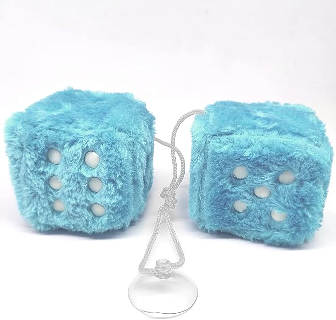 Fuzzy Plush Dice for Car Mirror, Pair of Retro 3” Light Blue Dice with White Dots for Car Interior Hanging Ornament Decoration (Blue)
