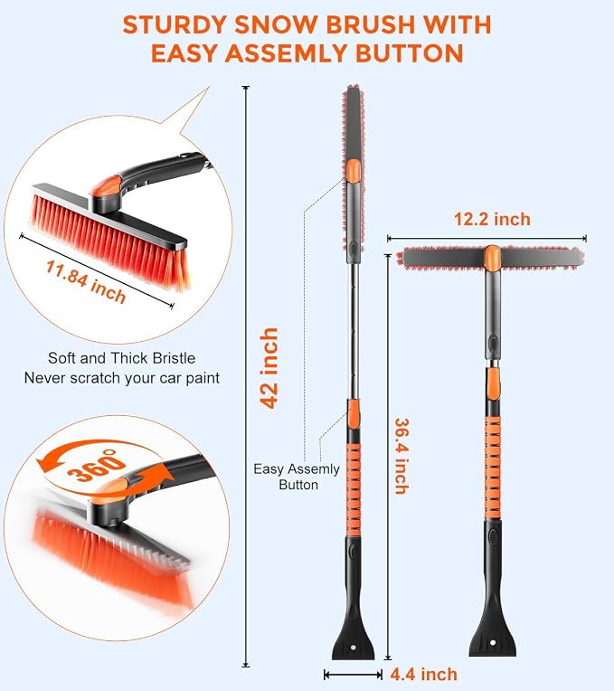 DooGooCoo [Upgrade] Ice Scraper & Extendable Snow Brush for Car Windshield [Military-Grade Sturdy] - 360° Pivoting Brush Head with Silicone Grip for Effortless One-Swipe Clean on Auto (Large)