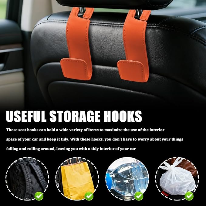 2PCS Car Seat Headrest Hooks, Purse Hook for Car, Automotive Headrest Handbags Holder, Auto Accessories Leather Seatback Organizer Hanger for Hanging Purses Bags Coats (Orange, 2PCS)