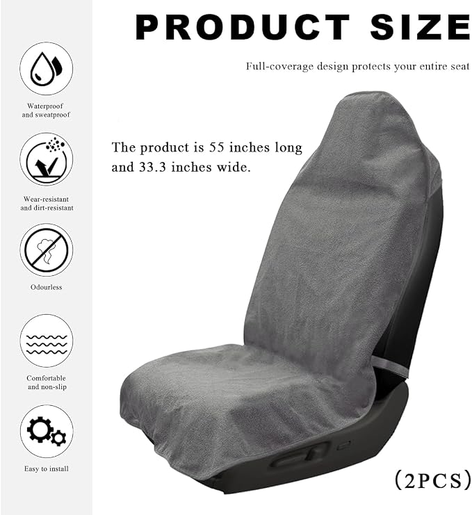 2PCS Car Towel Seat Cover, Waterproof Sweating Non-Slip Premium Soft Towel Carseat Protector, Universal Machine Washable Car Truck SUV Front Seat Cover for Gym Workout Beach Hiking (Gray)