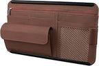 Car Sun Visor Organizer with Zipper Pocket, Multi-Pocket Vehicle Visor Storage Pouch with Card Sleeve, Eyeglasses Holder Box, Auto Interior Sunvisor Organizer Pocket, Universal Fit (Brown)