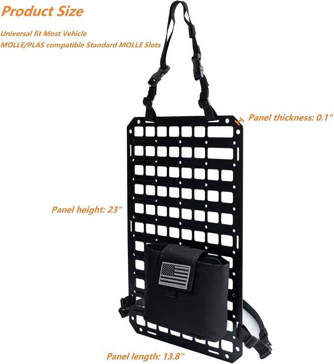 Rigid MOLLE Panel for Vehicle Seat Back Organizer Aluminum Alloy Plate for Auto Modular Storage Patrol Car Tactical Gear EDC Pouch Holder Holster Bag Rack Mount Platform