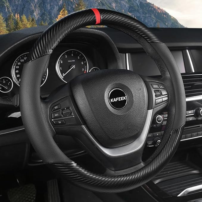Carbon Fiber Steering Wheel Cover for Men, Universal 15 inch Leather Car Steering Wheel Cover, Anti-Slip & Breathable, Microfiber Leather Automotive Accessories, Sporty Design, Black