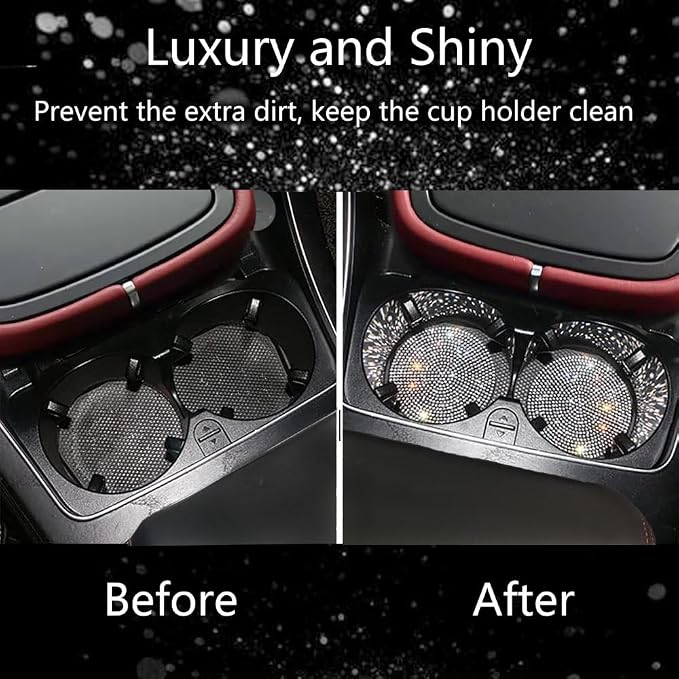 2pcs Bling Car Cup Holder Coasters & 2pcs Push Start Button, 2.75 inch Anti-Slip Shockproof Universal Vehicle Coasters Insert, Bling Car Interior Accessories for Women Suits for Most Cars (White)