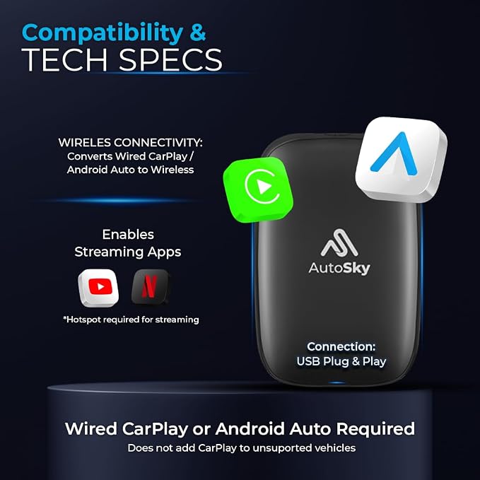 AI Box Lite – Wireless CarPlay & Android Auto Adapter, Plug-and-Play, Fast Connection, Stable Performance, Stream Netflix & YouTube via Hotspot, Works with OEM Touchscreen