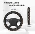 Checkered Black Brown Steering Wheel Cover 15 Inch Car + 2 pc Car Coasters | Black Brown Checkered Steering Wheel Cover Anti-Slip Breathable Universal for Suitable