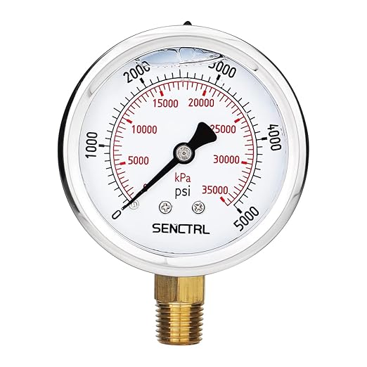 5000 Psi Glycerin Liquid Filled Hydraulic High Pressure Gauge, 2.5" Dial Size, 1/4" NPT Lower Mount, Stainless Steel Case, for Air Gas Water Oil Pressure Test