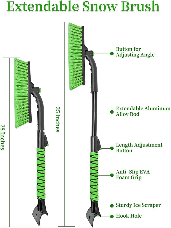 Snow Brush for Car, Extendable Snow Brush and Ice Scraper with Foam Grip, Car Window Scraper for Snow and Ice for SUV Truck Auto RV Vehicle Windshield - Green