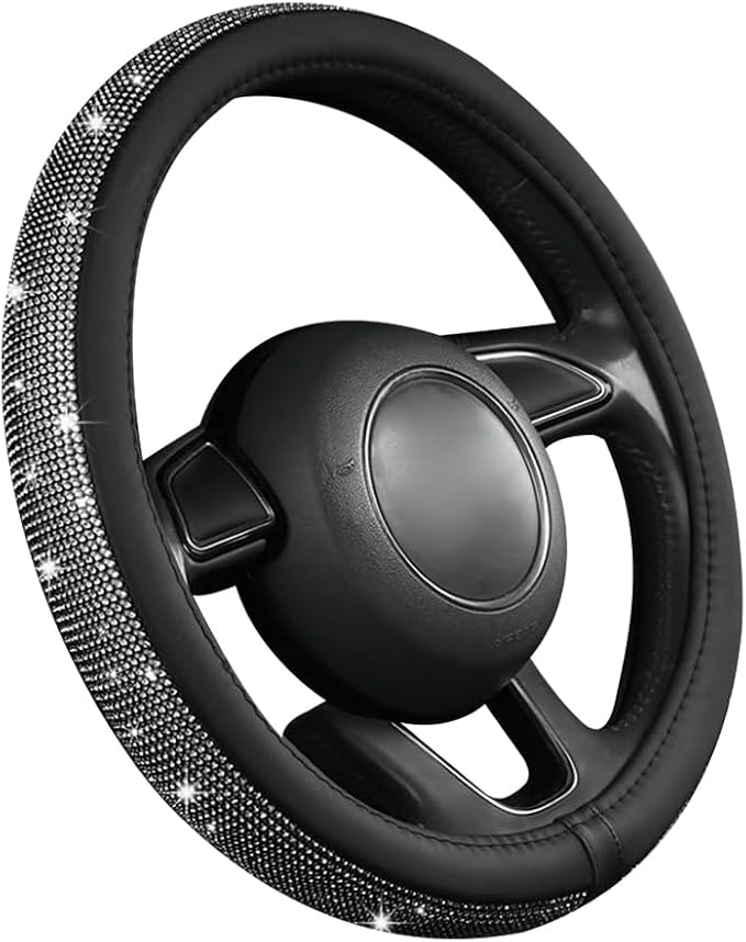 Steering Wheel Cover, Bling Crystal Rhinestones Auto Wheel Protector, Sparkly Cover Universal Fit Diverse 14.5-15 inch Steering Wheel, Interior Decor Car Accessories (Black)