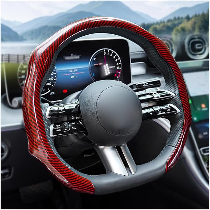 Car Steering Wheel Cover with Comfort Grip, 14.5-15" Carbon Fiber Laser Non-Slip Steering Wheel Protector, Cool Stylish Auto Interior Decor Accessories, Universal for Van SUV Sedan (Red)
