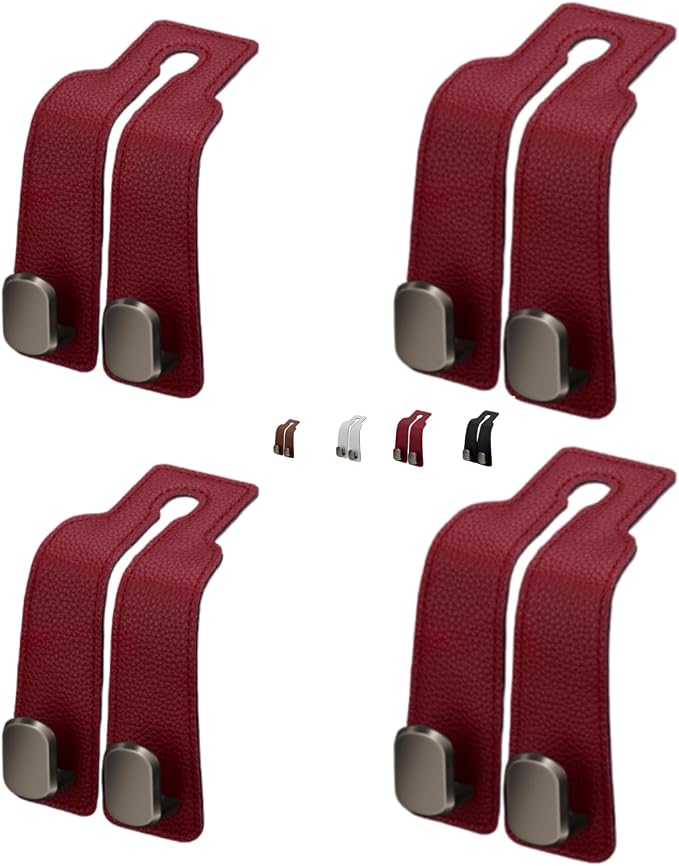 Coozyland Car Hooks, Coozy Land Metal Multi-Function Leather Car Headrest Hooks, Universal Double Hook Car Seat Back Storage Hooks for Wallets, Handbags, Bottles, Trash Bags, etc(Red 4-Pack)