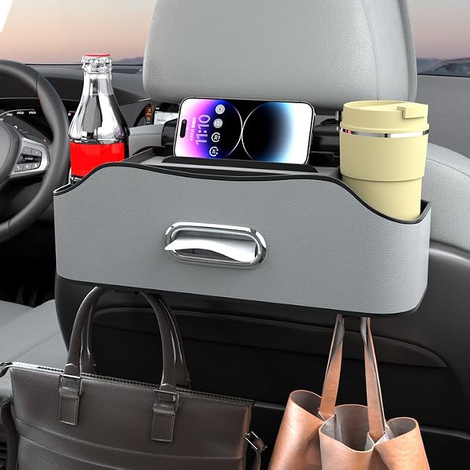 Back Seat Cup Holder for Car – Multifunctional Seat Back Organizer with Drink Holders, Tissue Box Storage & Hooks, Fits Headrest for Auto. (Gray)