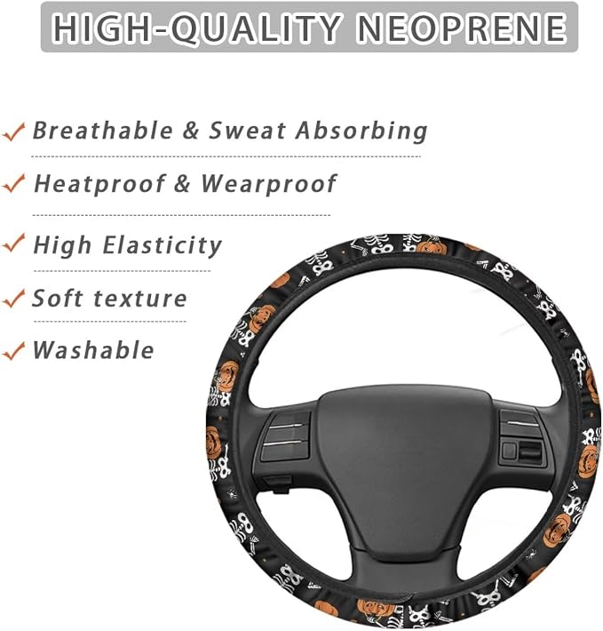 Universal Fit Car Steering Wheel Cover Stretch-on Comfortable Grip | Funny Skull Pumpkin Print, Sweat Absorption Comfort Grip for Driver Women Men, Halloween Decor