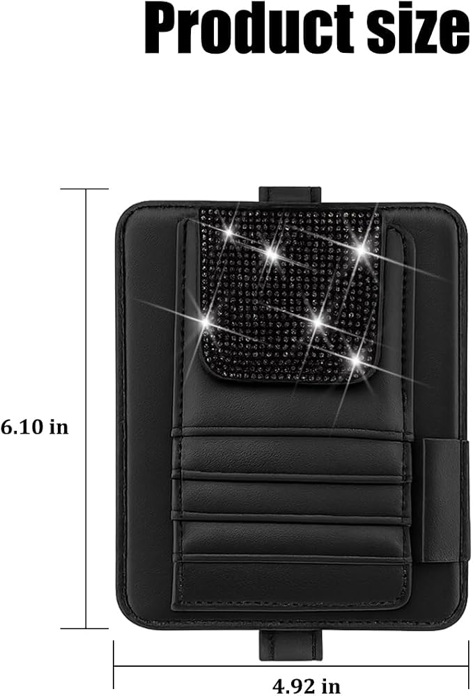 Bling Car Sun Visor Organizer, Multi Pocket Crystal Rhinestone Vehicle Sunshade Card Sleeve Storage Pouch with Pen Sunglass Holder, Auto Interior Visor Organizer Pouch, Universal Fit (Black)