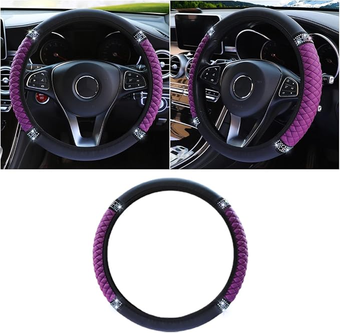 15 Inch Bling Soft Leather Car Steering Wheel Cover, Purple | Colorful Rhinestones Design, Auto Elastic Protector for Women Girls, Crystal Diamond Car Accessories for Most Cars, SUVs