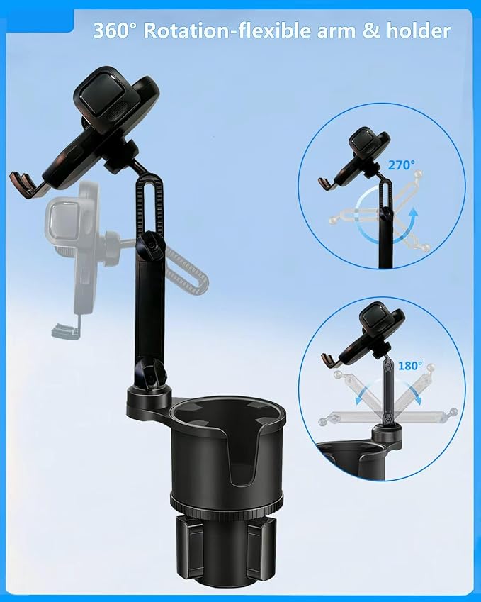 Cup Phone Holder for Car [2 in 1 Upgraded] Universal Car Cup Holder Phone Mount Long Adjustable & Rotatable Arm, Sturdy No-Shake Design, Fit with iPhone 4-7 inches Smartphones & Big Bottle