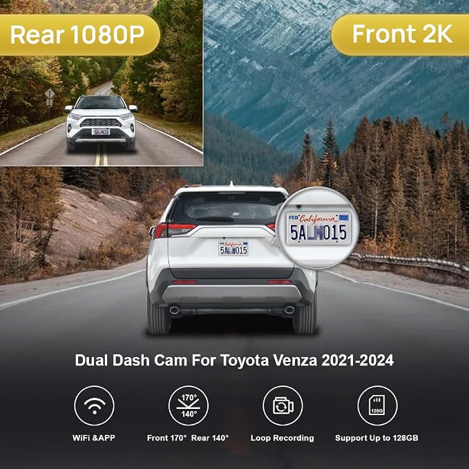 Front 2K+Rear 1080P Dash Cam Adapts for Toyota Venza 2021-2024 LE XLE Limited Nightshade Edition, OEM Factory Look, Dual HD Video, WiFi & APP, Loop Recording, G-Sensor, Easy to Use, 64GB Card