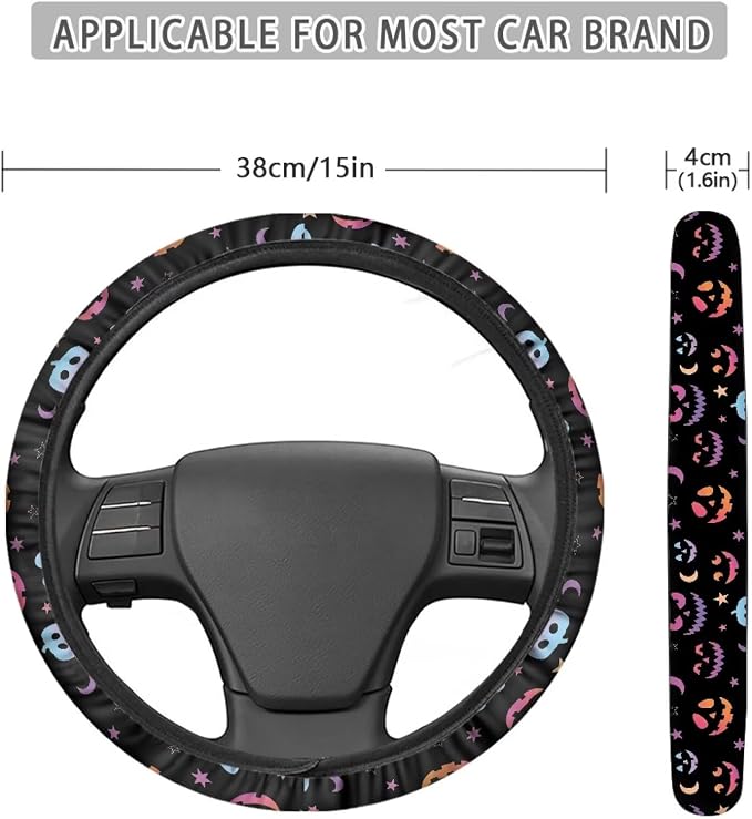 Universal Automotive Steering Wheel Covers Fit 14 to 15 inch | Ghost Face Star Print, Easy Fix Machine Washable Steering Wheel Protection for All Season