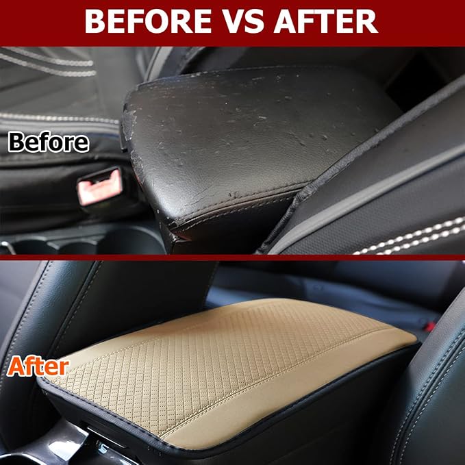 Car Armrest Storage Box Mat, Fiber Leather Car Center Console Cover, Car Armrest Seat Box Cover Accessories Interior Protection for Most Vehicle, SUV, Truck, Car (Beige)