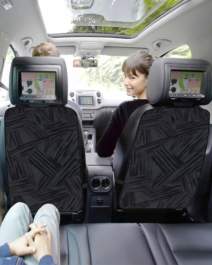 Modern Line Car Seat Protector, 2 Pack Kick Mats with Organizer - 3 Pocket Storage Abstract Farmhouse Black Brushstroke Blocks Waterproof Back Seat Cover Universal Fit Automotive Interior Protectors