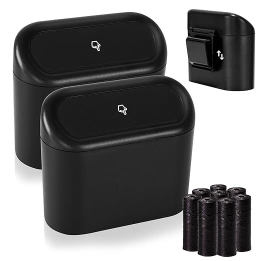 2 Pack Mini Car Trash Can with Lid, Small Car Garbage Can, Cute Leakproof ABS Trash Bin, Cars Accessories for Interior, Garbage Bin for Car, Home, Office with 120pcs Trash Bags Black