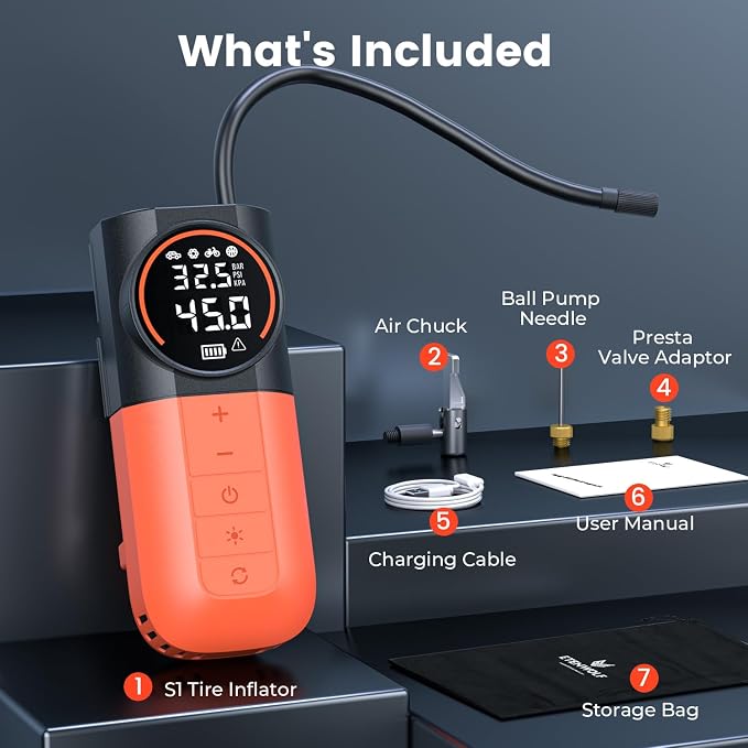 S1 Tire Inflator Portable Air Compressor, 160PSI Air Pump for Car Tires, Bike, Motorcycle, Balls, Fast Inflation Tire Pump, Cordless bike Pump with LED Light & Digital Pressure Gauge (Orange)