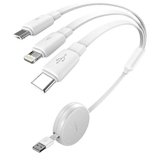 Multi Charging Cable, 3 in 1 Charging Cable, Retractable Car Charger with Type C/L/Micro USB Ports for iPhone 16 15 14 Pro Max/Samsung Galaxy S25/PS/Kindle, Multi Chargers for All Devices, White