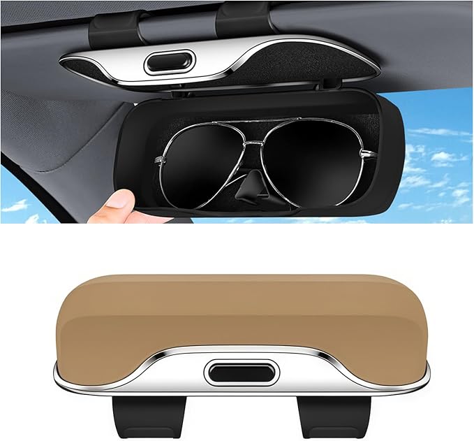 Sunglasses Holder for Car Sun Visor – Soft Vehicle Interior Glasses Organizer Box Accessories,Protective Automotive Eyeglasses Storage Case Hanger,Universal for SUV Sedan Truck (Beige)