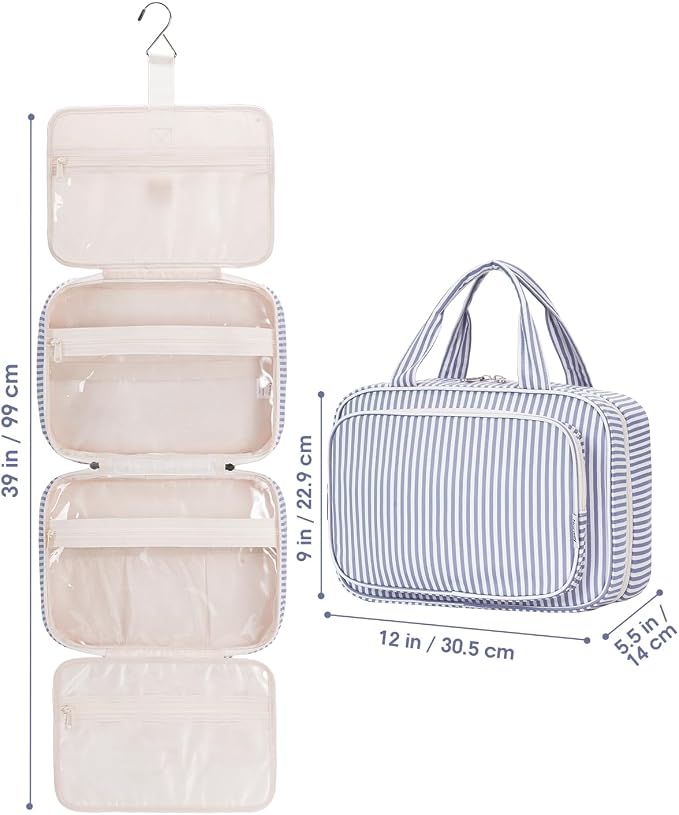 Striped Travel Toiletry Bag for Women Large Hanging Makeup Bag Organizer Toiletries Bag for Full Size Essentials Accessories Cosmetics (Greyish Blue Stripe (Large))