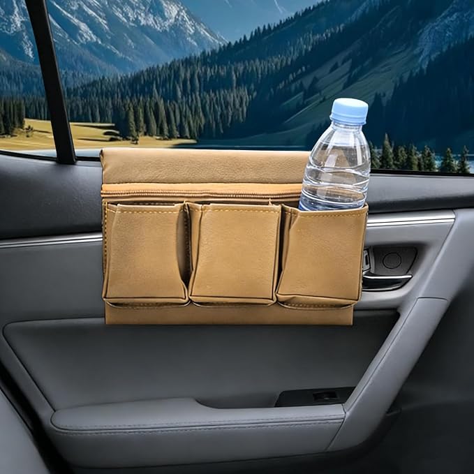 Car Window Armrest Storage Box, Leather Automotive Side Door Arm Rest Pad Organizer with Multiple Pocket, Multifunctional Vehicle Armrest Elbow Pad Storage Bag, Universal Fit (Beige)