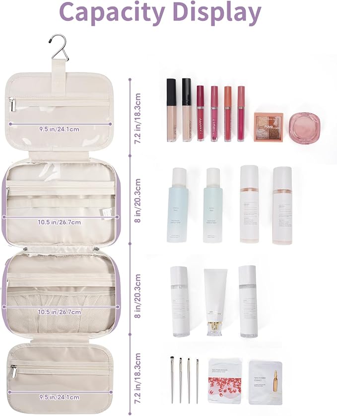 Hanging Toiletry Bag for Women Travel Makeup Bag Organizer Toiletries Bag for Travel Size Essentials Accessories Cosmetics (Purple (Medium))