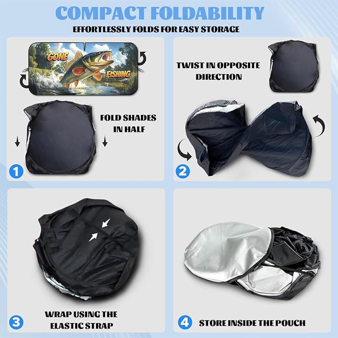 Bass Fishing Car Windshield Sunshades Gone Fishing Angler Outdoor Nature Front Window Sun Shade Blocks UV Rays Sun Visor Protector for Car Sedan Truck SUV Accessories 59" L x 31.5" W